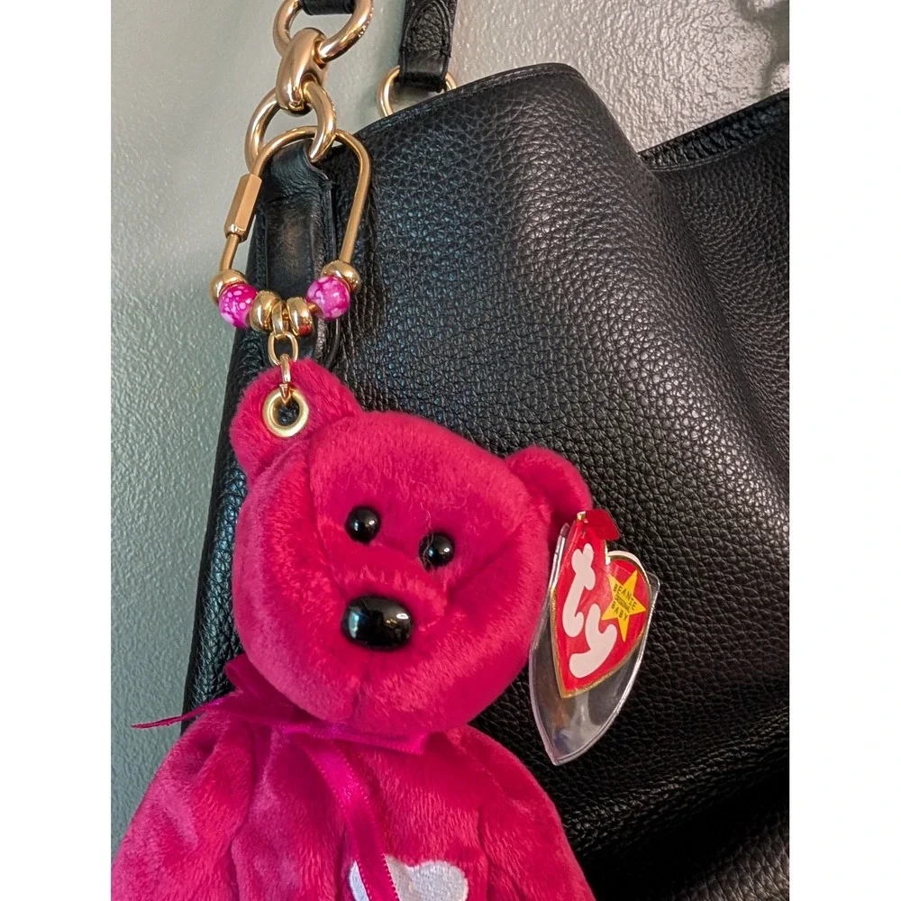 Ty Beanie Baby Valentina Bear Upcycled Purse Charm Keychain Fuchsia Pink 1998